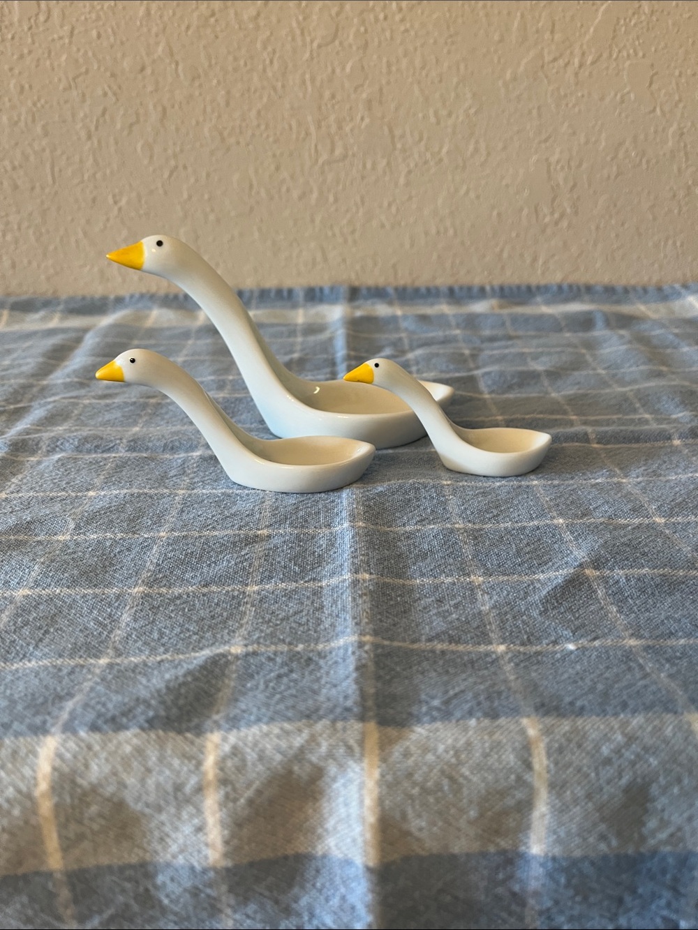 Avon White Ceramic Goose Nesting Spoons with Yellow Beaks
